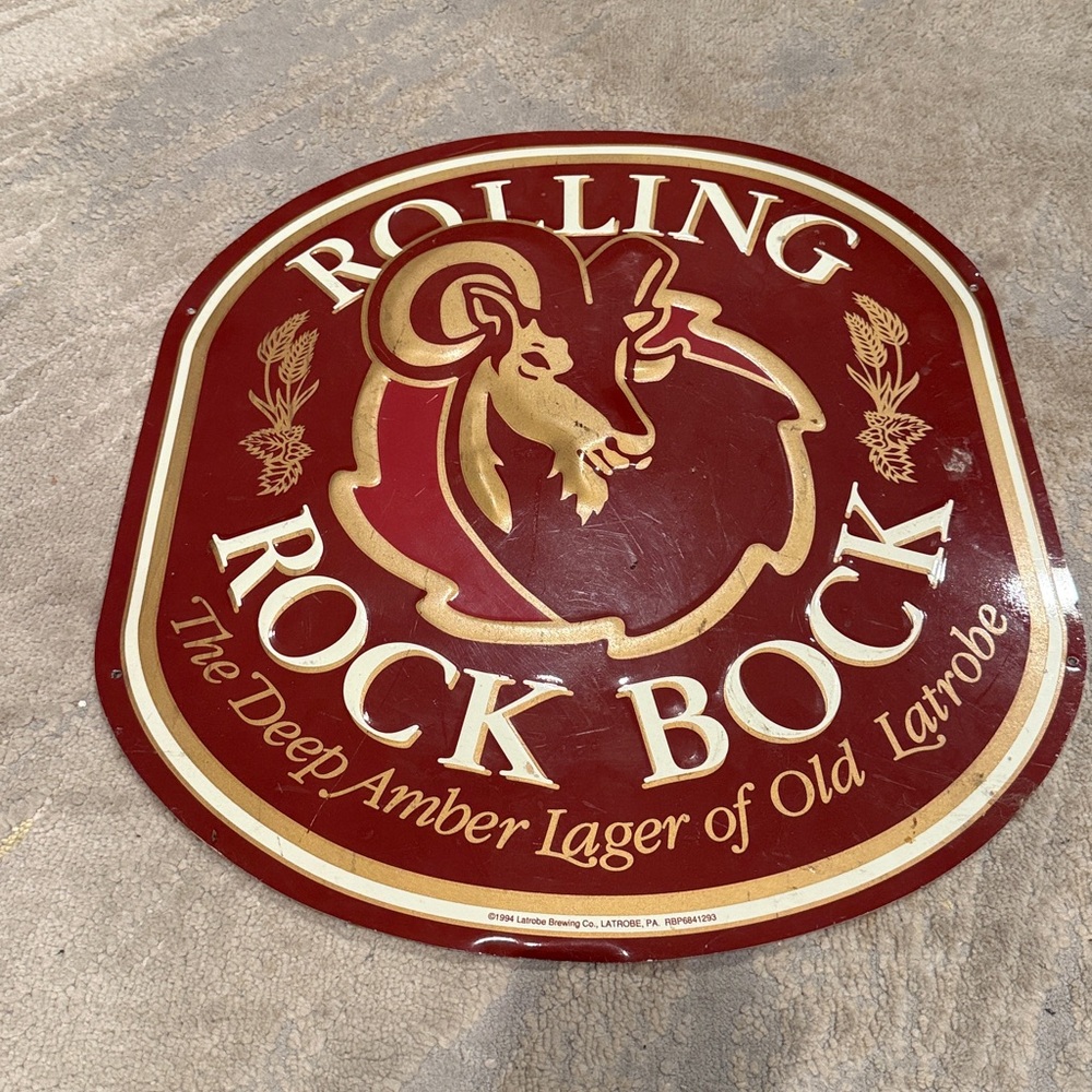 Vtg 1994 Latrobe Brewing Rolling Rock Bock‎ Beer Metal Advertising Sign Bar Pub